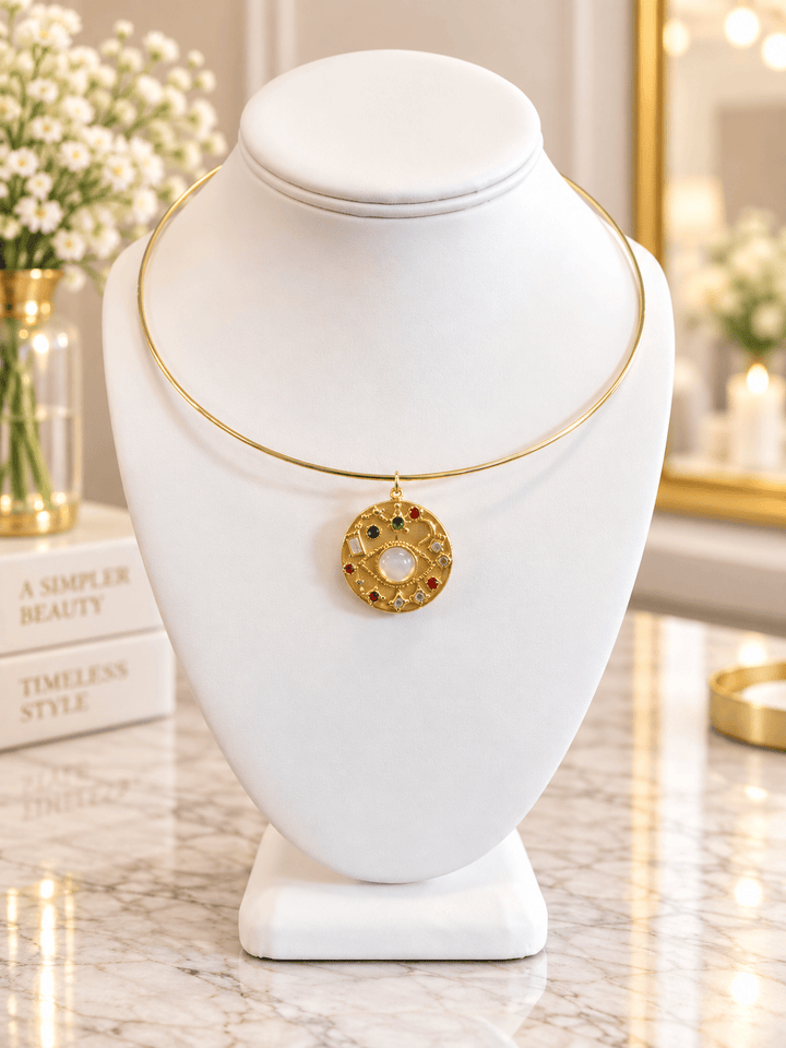 Bejeweled White Opal Evil Eye Coin Pendant 24kt Gold-Plated Opal Evil Eye Statement Pendant | The Red Owl Pendant Bar