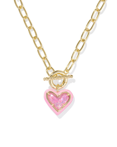 Kendra Scott Ari Heart Gold Enamel Frame Link and Chain Necklace in Pink Iridescent Glitter Glass