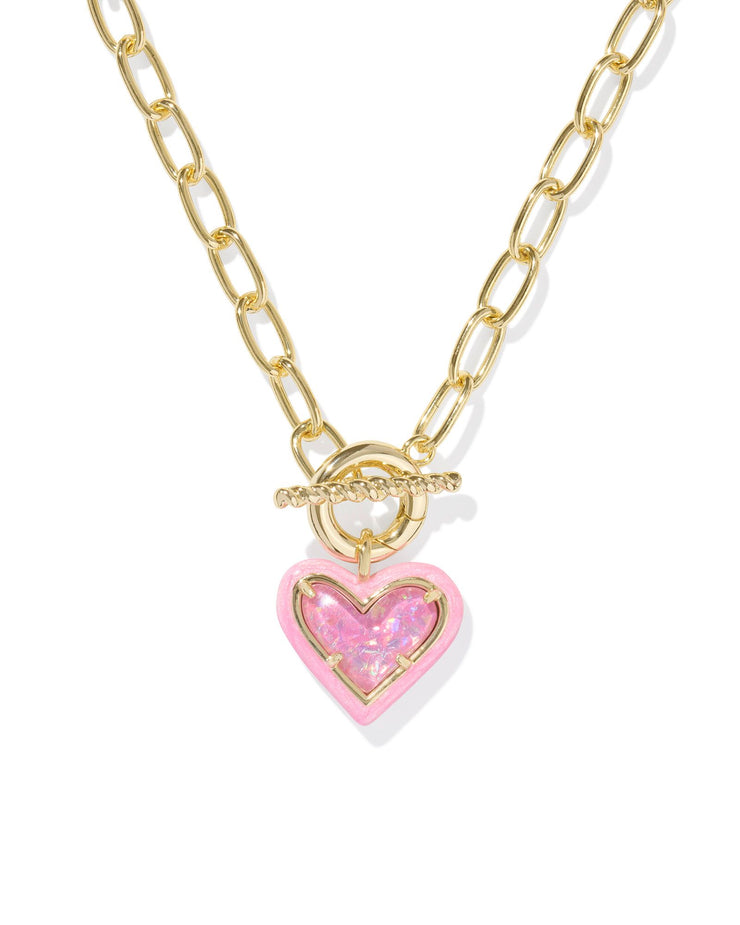 Kendra Scott Ari Heart Gold Enamel Frame Link and Chain Necklace in Pink Iridescent Glitter Glass