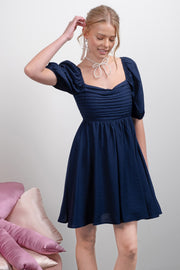 Pleated Details Navy Mini Dress