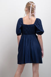 Pleated Details Navy Mini Dress