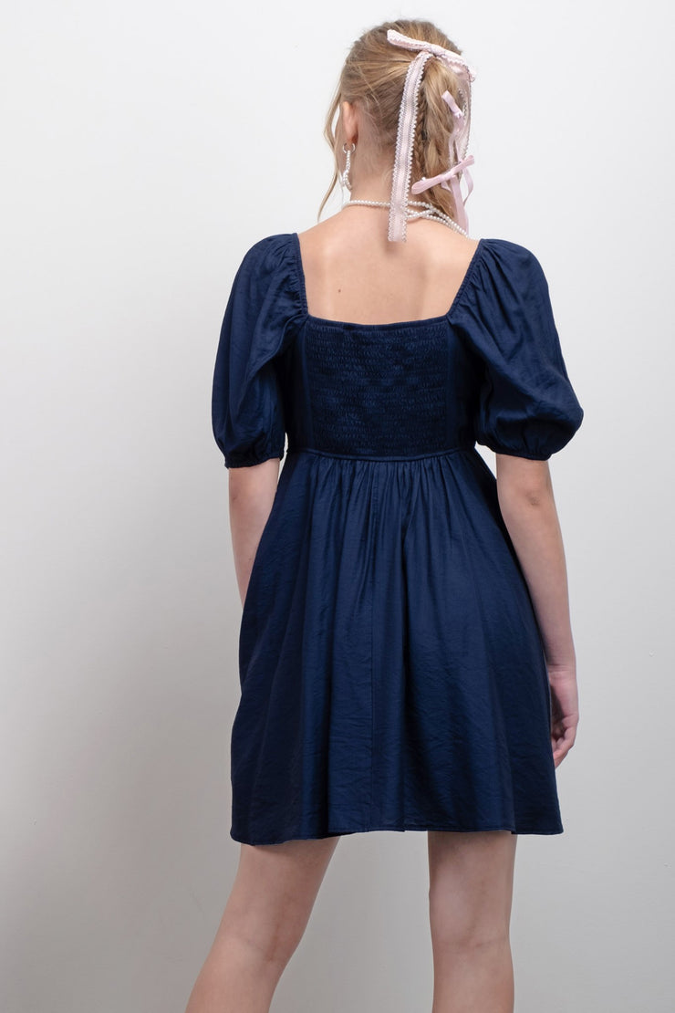 Pleated Details Navy Mini Dress