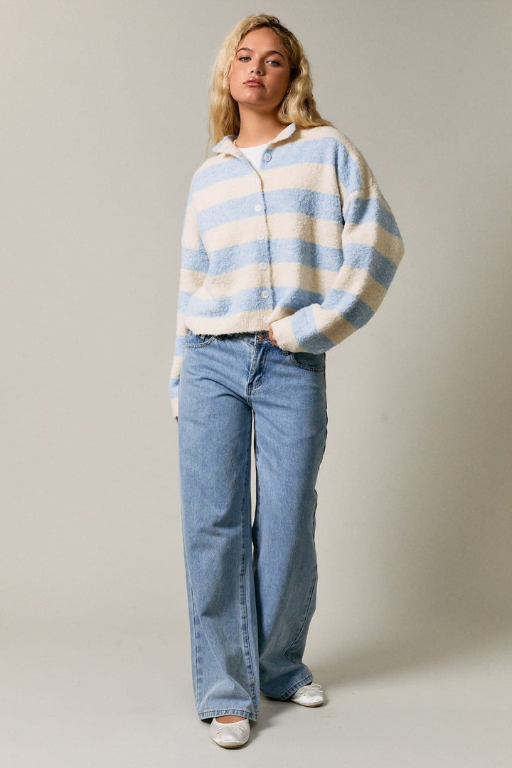 Blue Skies Striped Mock Neck Cardigan – Cream &amp; Light Blue Blue Skies Striped Mock Neck Cardigan – Cream &amp; Light Blue Tops