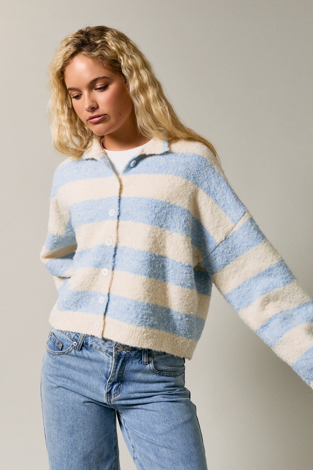 Blue Skies Striped Mock Neck Cardigan – Cream &amp; Light Blue Blue Skies Striped Mock Neck Cardigan – Cream &amp; Light Blue Tops