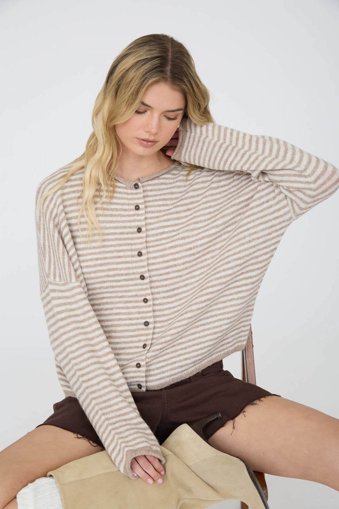 Aspen Mocha Striped Button-Up Knit Cardigan