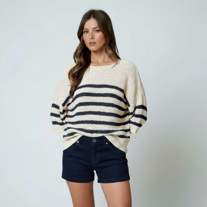 Harbor Navy &amp; Ivory Striped Half Sleeve Knit Sweater