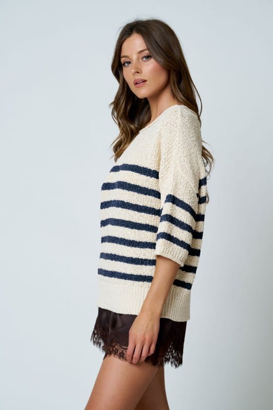 Harbor Navy &amp; Ivory Striped Half Sleeve Knit Sweater