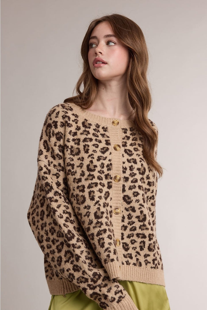 Cozy leopard print button-front cardigan styled for fall at The Red Owl