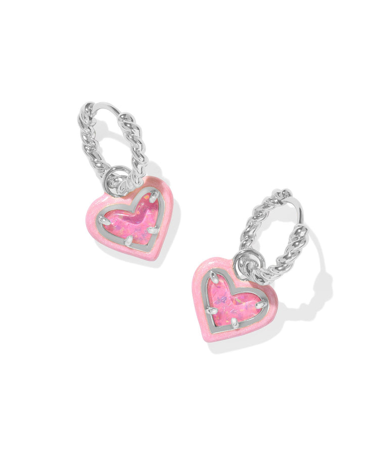 Kendra Scott Ari Heart Silver Enamel Frame Huggie Earrings in Pink Iridescent Glitter Glass