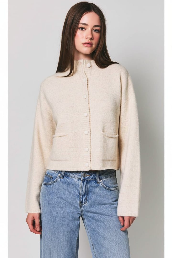 Oatmeal Mock Neck Button-Front Cardigan