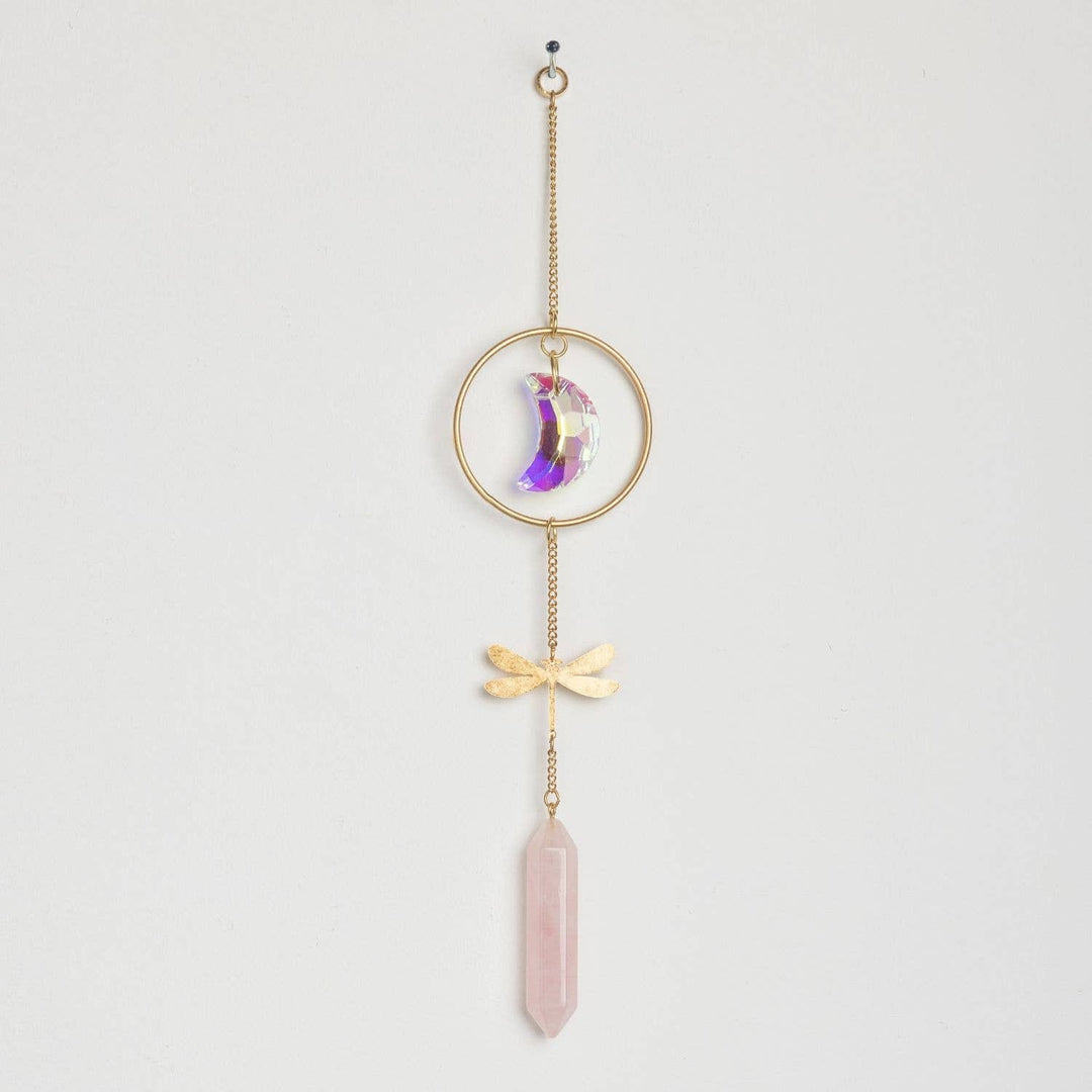Dragonfly Rose Quartz Suncatcher | Aurora Borealis Crystal Rainbow Maker