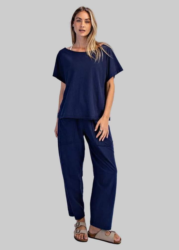 Cotton Slub Off the Shoulder Navy Tee