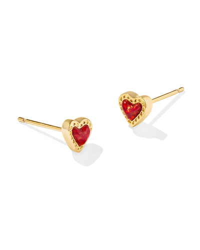 Kendra Scott Mini Ari Heart Gold Stud Earrings in Red Kyocera Opal