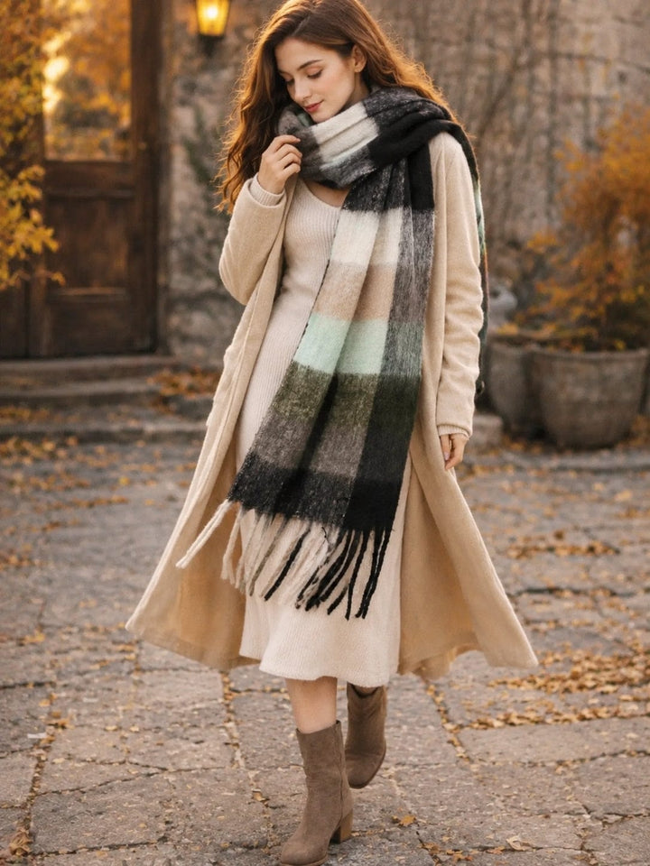 Cozy Long Fringe Fuzzy Scarf Cozy Fuzzy Scarf with Long Fringe – Soft Winter Accessory Black-Grey Scarves