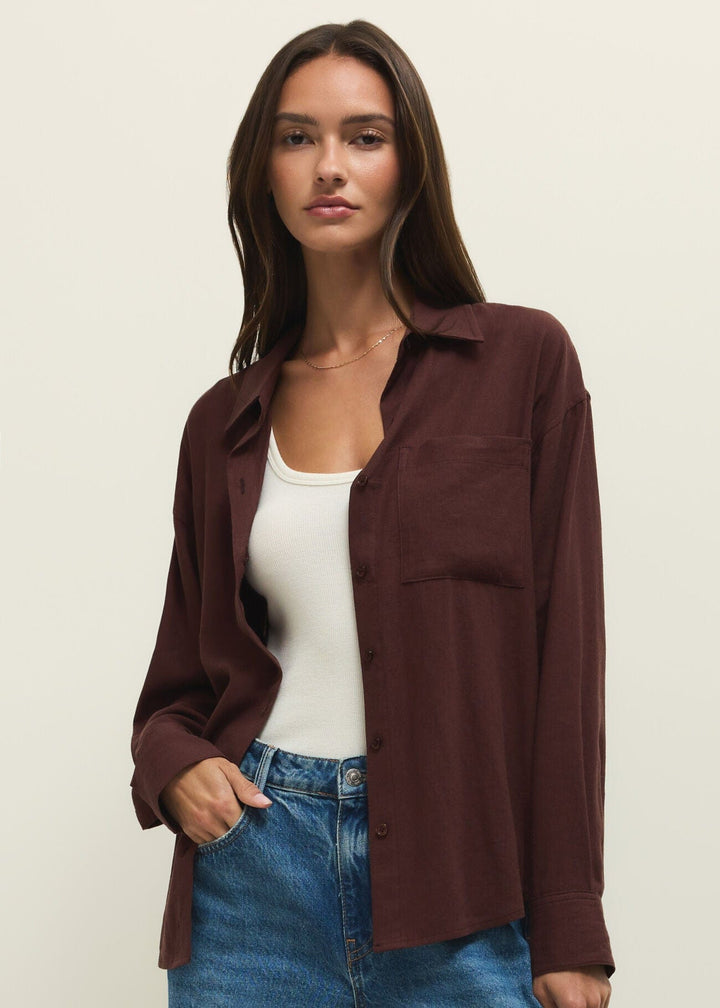 Z Supply Alfie Button Up Shirt in Chocolate Cherry