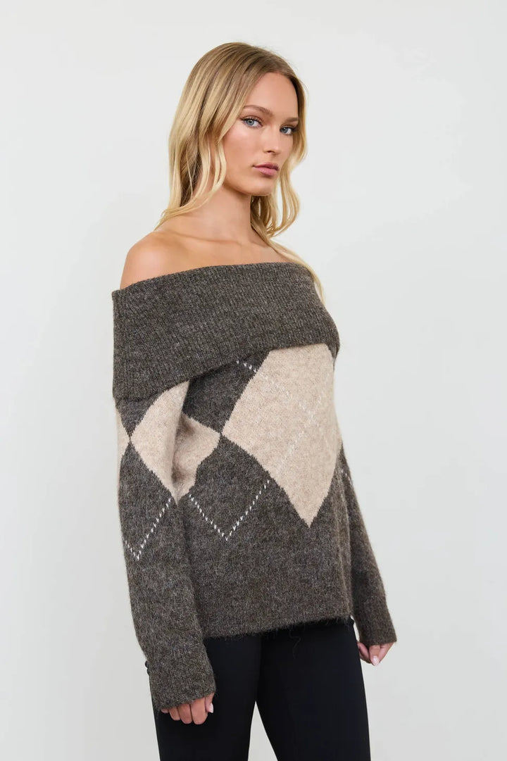 Harper Off-the-Shoulder Argyle Sweater