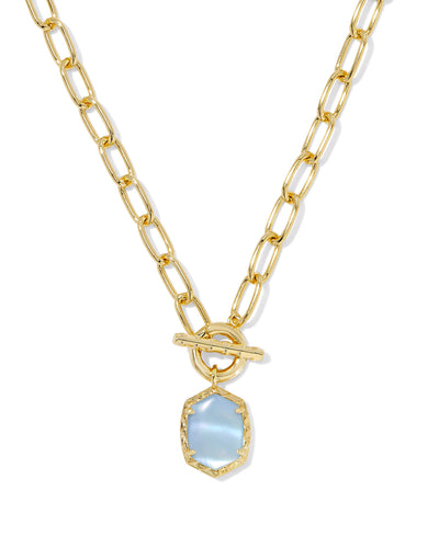 Kendra Scott Daphne Gold Link and Chain Necklace in Light Blue Mother of Pearl