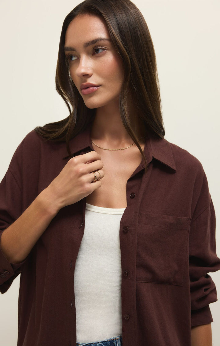 Z Supply Alfie Button Up Shirt in Chocolate Cherry