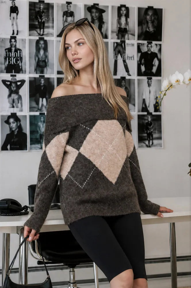 Harper Off-the-Shoulder Argyle Sweater
