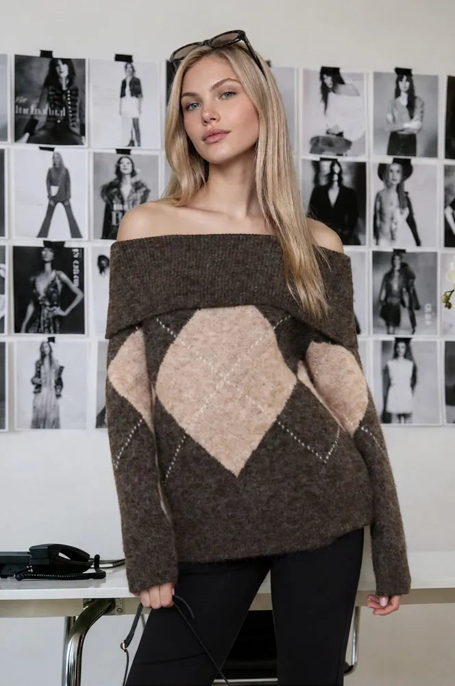 Harper Off-the-Shoulder Argyle Sweater