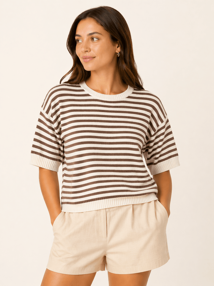 Cocoa Stripe Knit Short Sleeve Top