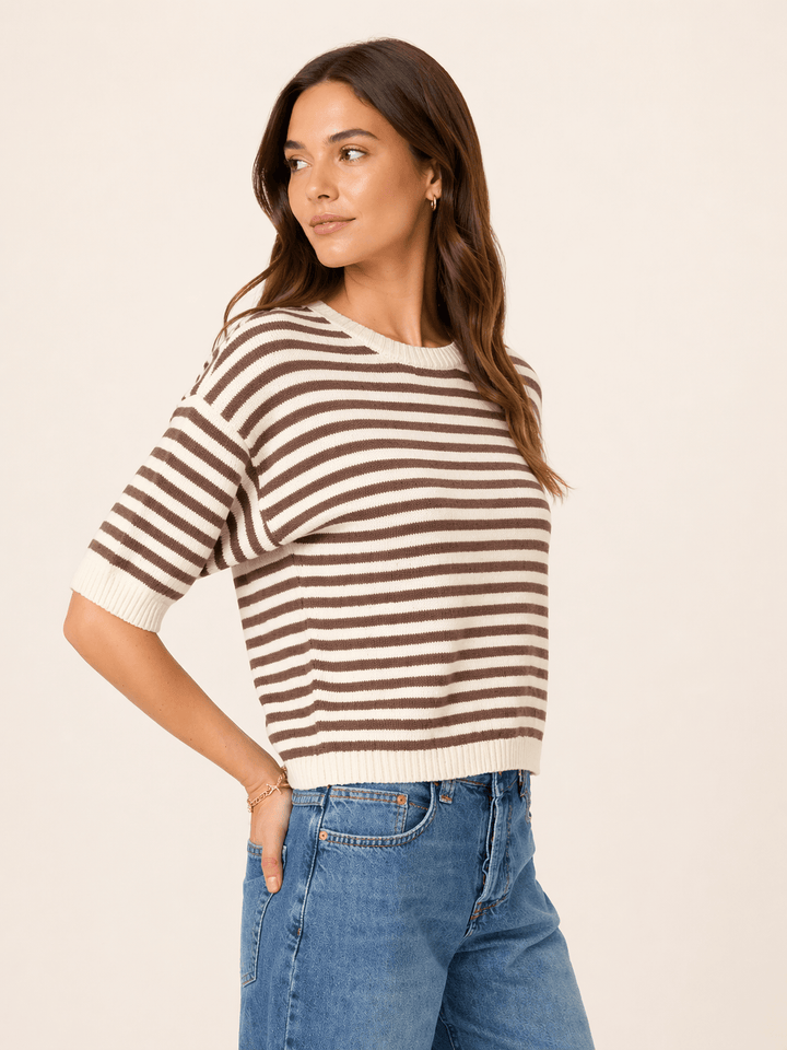Cocoa Stripe Knit Short Sleeve Top