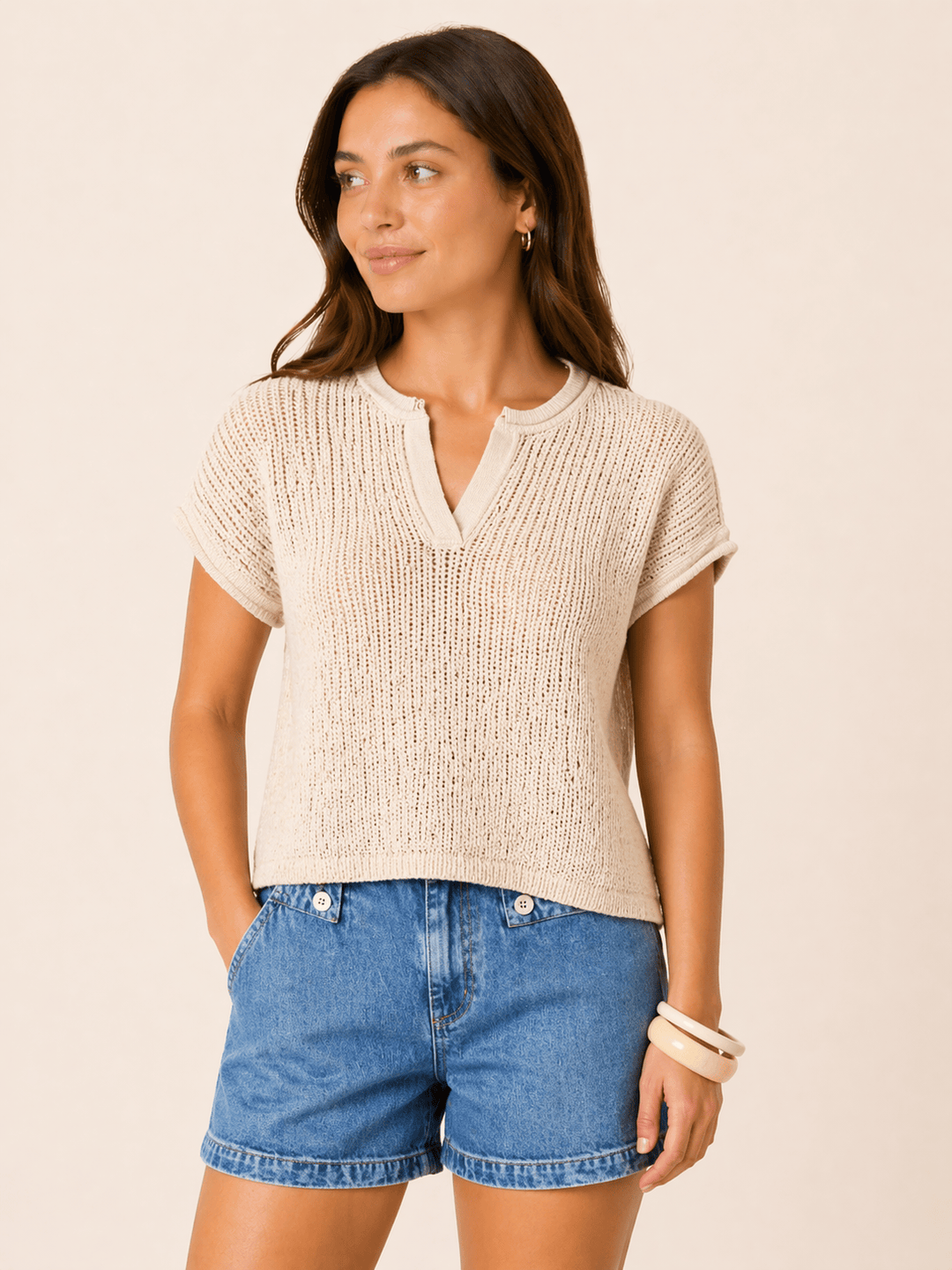 Split Neck Raw Edge Knit Top