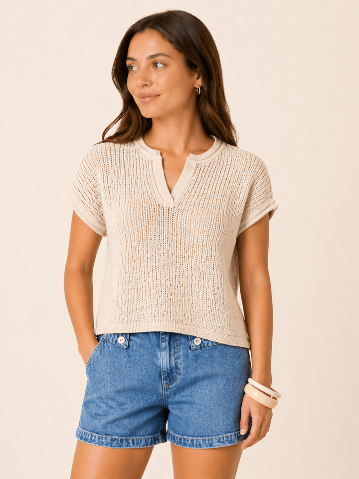 Split Neck Raw Edge Knit Top