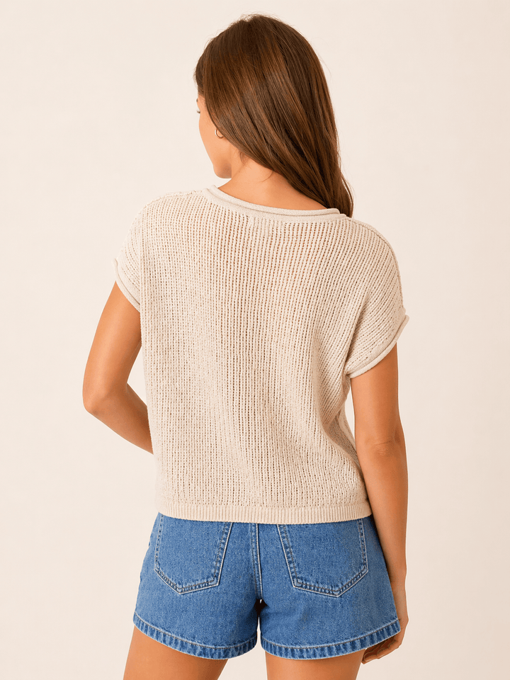 Split Neck Raw Edge Knit Top