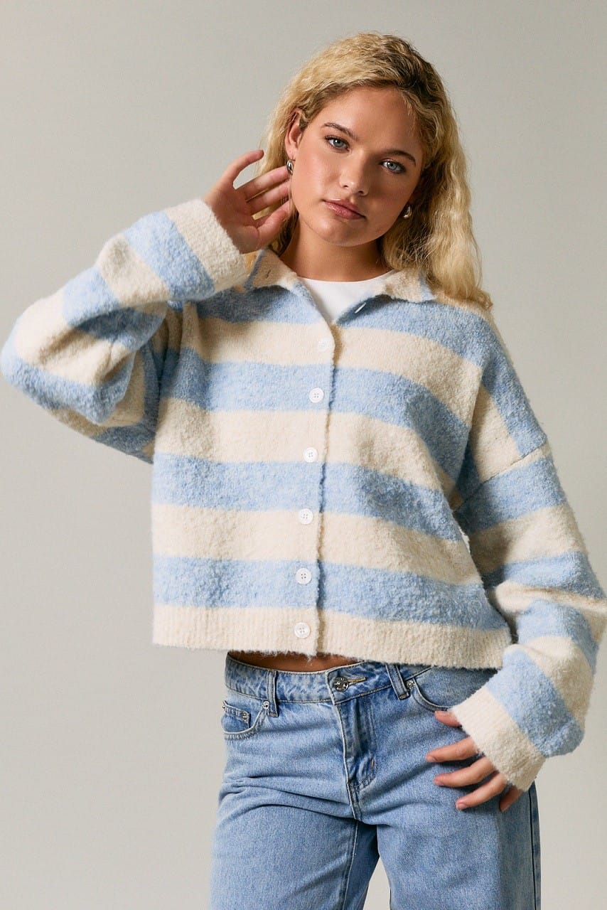 Blue Skies Striped Mock Neck Cardigan – Cream &amp; Light Blue Blue Skies Striped Mock Neck Cardigan – Cream &amp; Light Blue Tops