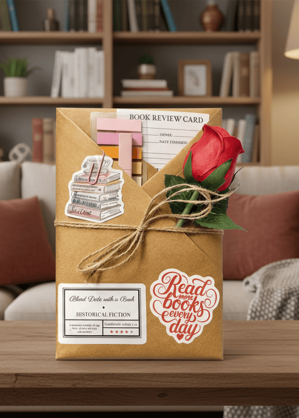Gift box with a rose on a wooden table in a cozy living room setting