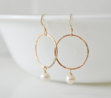 Gold Hammered Pearl Earrings