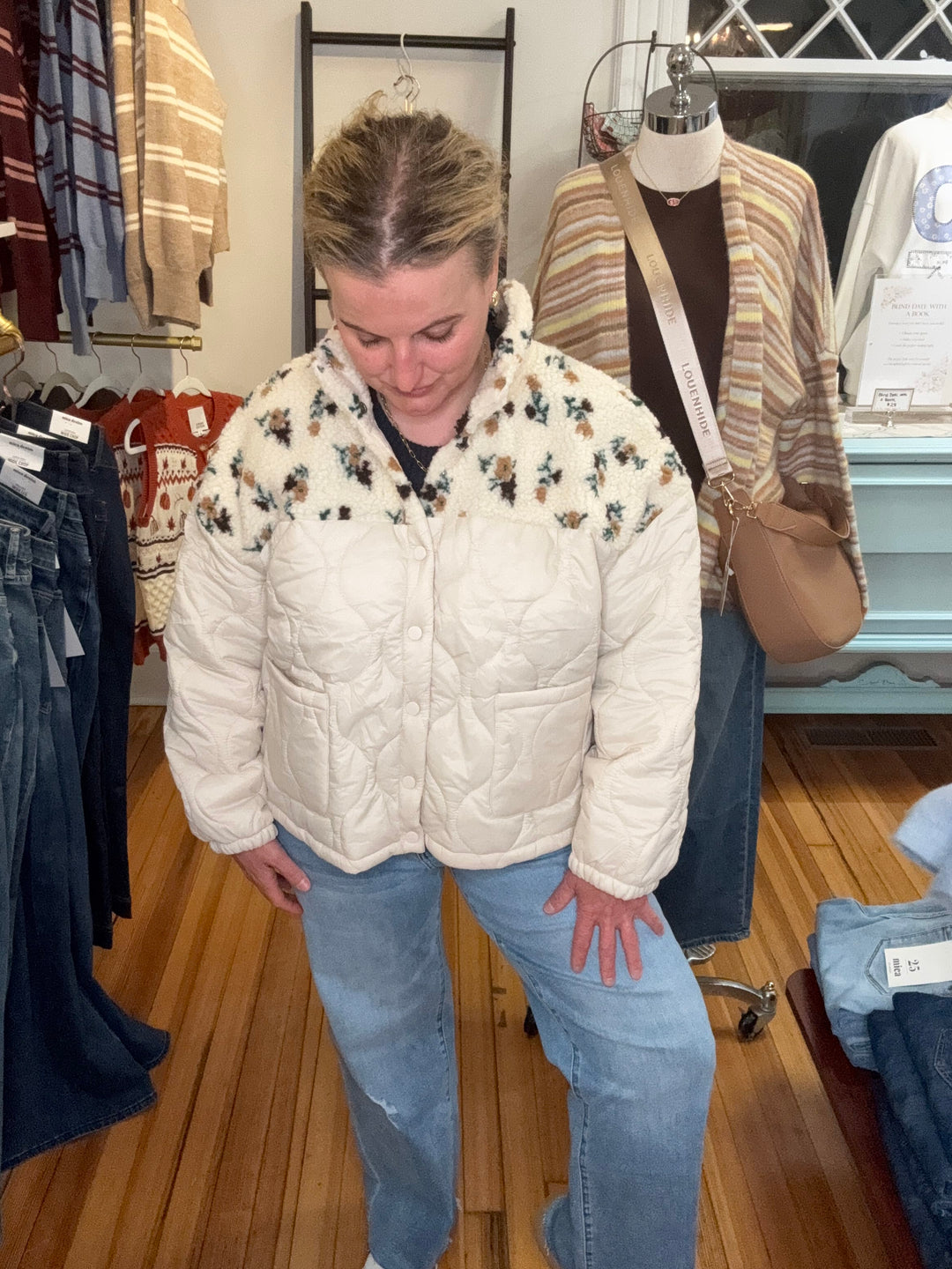 Juniper Floral Sherpa Fleece Quilted Jacket Juniper Floral Sherpa Quilted Jacket | Ivory White Tops