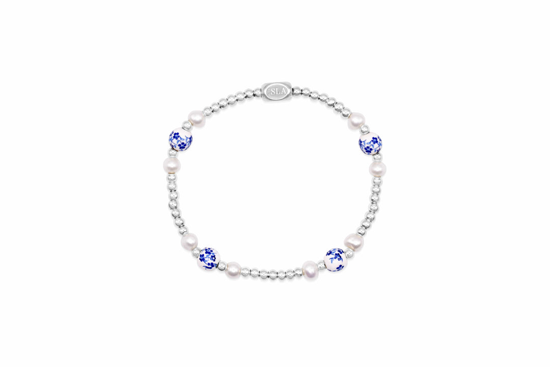 Isla Mediterranean Floral Stretch Beaded Silver Bracelet