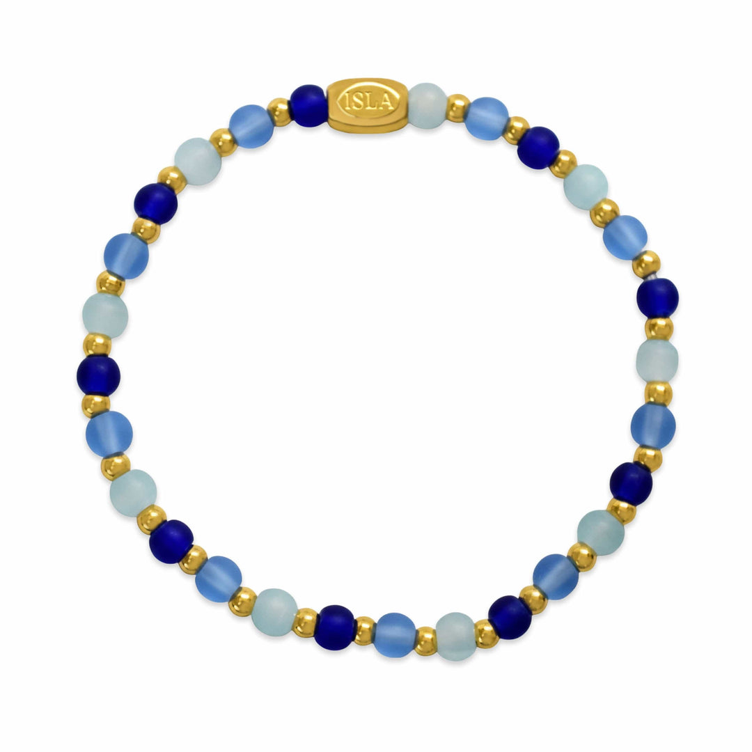 Isla Waterproof Beads of the Sea Stretch Bracelet – Bella Blues Seaglass &amp; Gold, Tarnish-Free