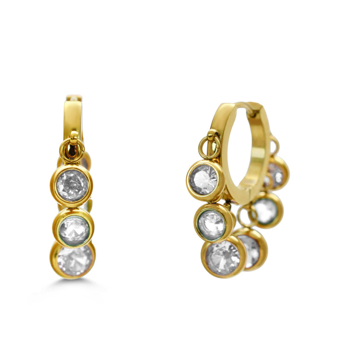 Isla “Let’s Party” Dangle Crystal Huggie Hoop Earrings – Gold or Silver, Waterproof, Tarnish-Free