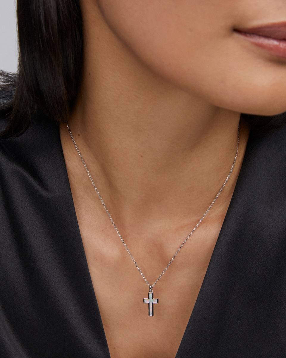 Kendra Scott Cross Silver Pendant Necklace in White  Opal Kendra Scott White Lab-Grown Opal Silver Cross Necklace Necklaces