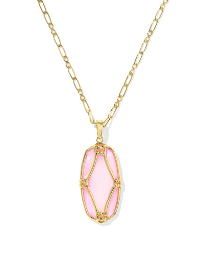 Kendra Scott Elle Lattice Framed Large Gold Pendant Necklace in Blush Ivory Mother of Pearl