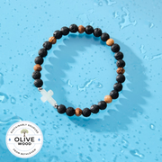 Holy Water Men's Cross Bracelet- Olive Wood/ Lava Rock