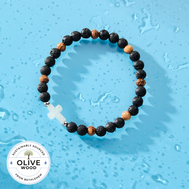 Holy Water Men's Cross Bracelet- Olive Wood/ Lava Rock