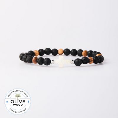 Holy Water Men's Cross Bracelet- Olive Wood/ Lava Rock