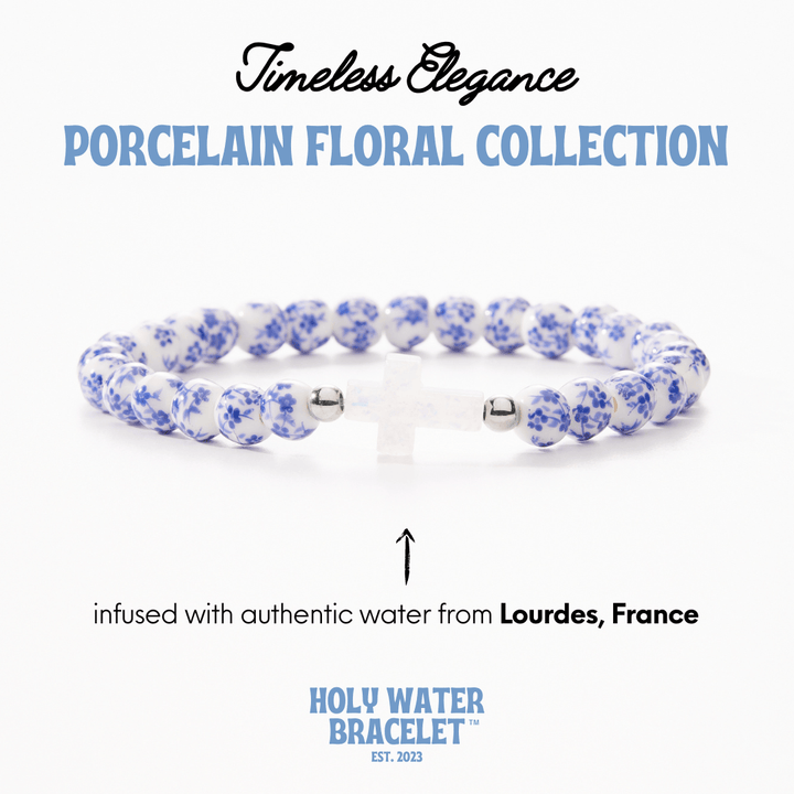 Holy Water Porcelain Floral Bead Cross Bracelet
