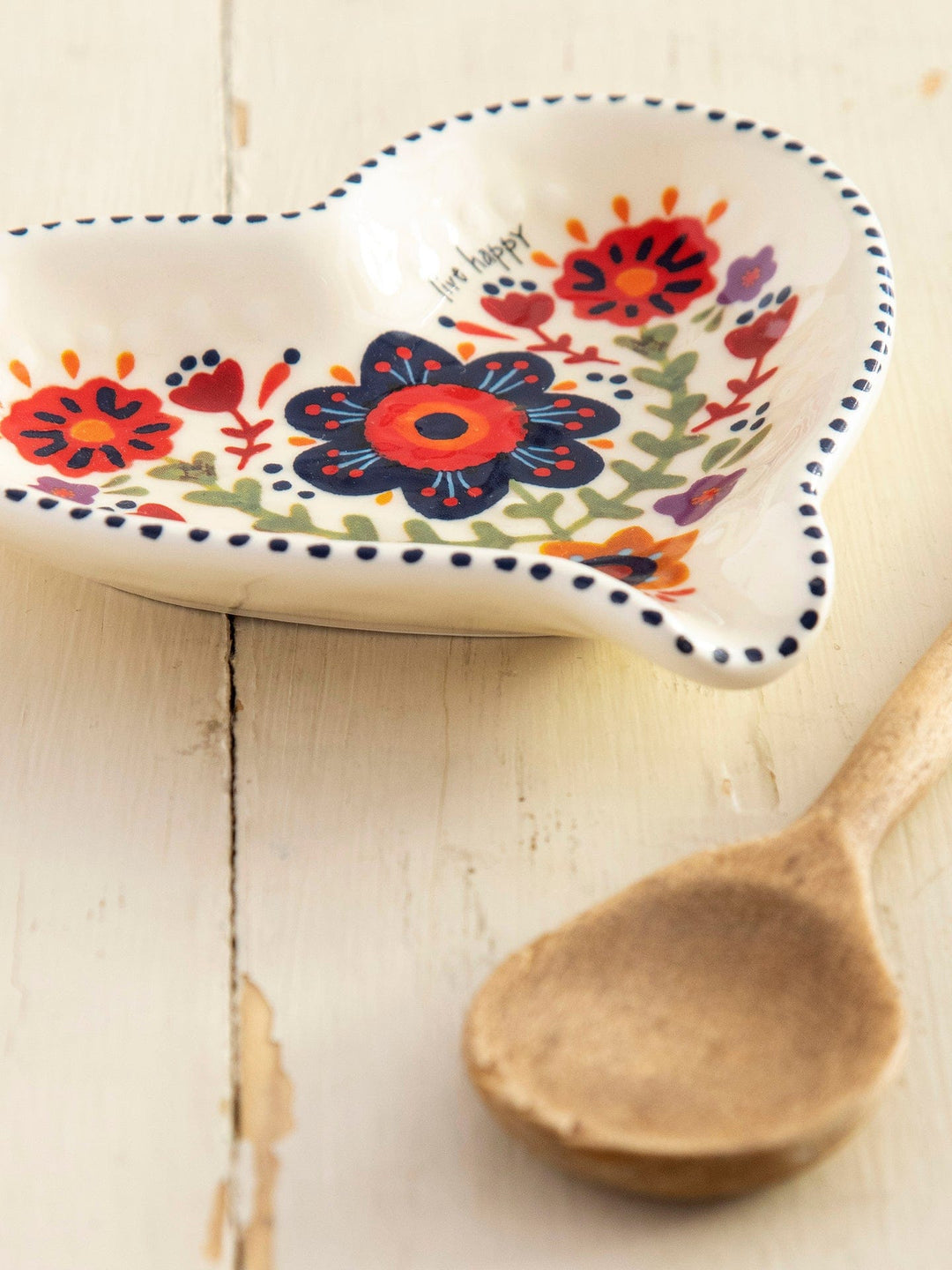 Live Happy Heart Hand Sculpted Ceramic Spoon Rest