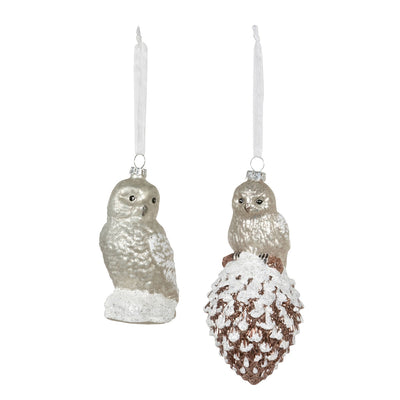 Woodland Owl with Pine Cone Glass Ornament