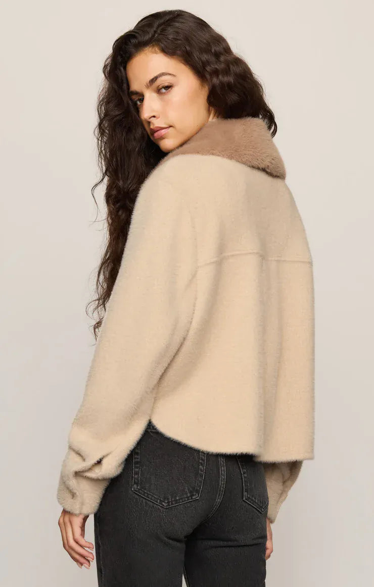 Z Supply Peyton Jacket in Soft Ecru Soft Ecru Cropped Knit Jacket with Faux Fur Collar Tops