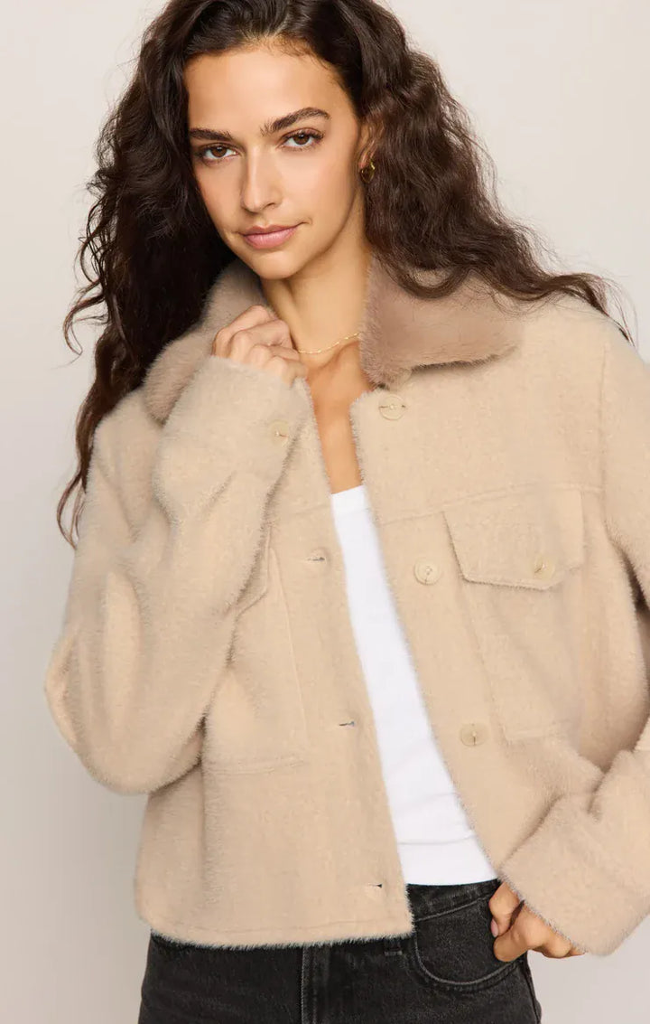 Z Supply Peyton Jacket in Soft Ecru Soft Ecru Cropped Knit Jacket with Faux Fur Collar Tops