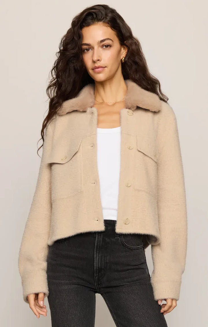 Z Supply Peyton Jacket in Soft Ecru Soft Ecru Cropped Knit Jacket with Faux Fur Collar Tops