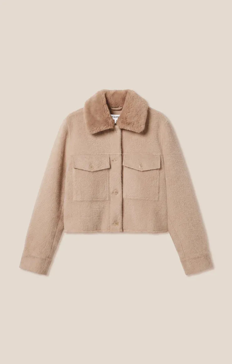 Z Supply Peyton Jacket in Soft Ecru Soft Ecru Cropped Knit Jacket with Faux Fur Collar Tops