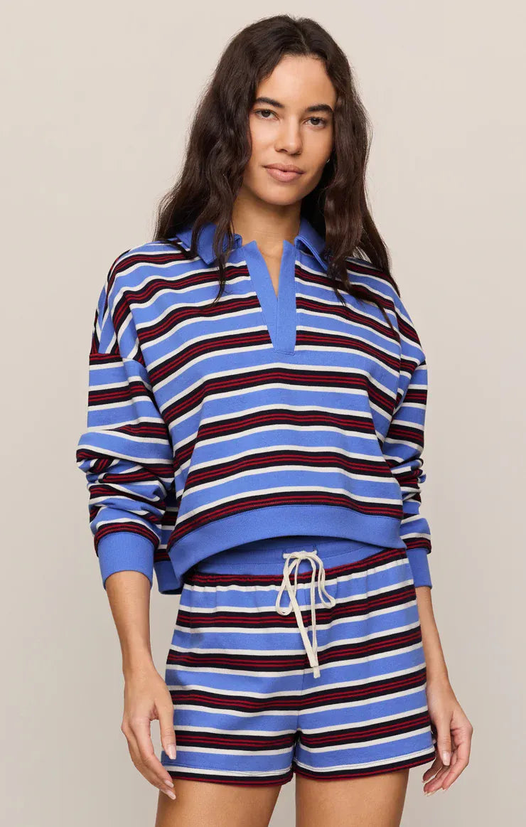 Z Supply Low Key Stripe Fleece Henley in Bay Blue