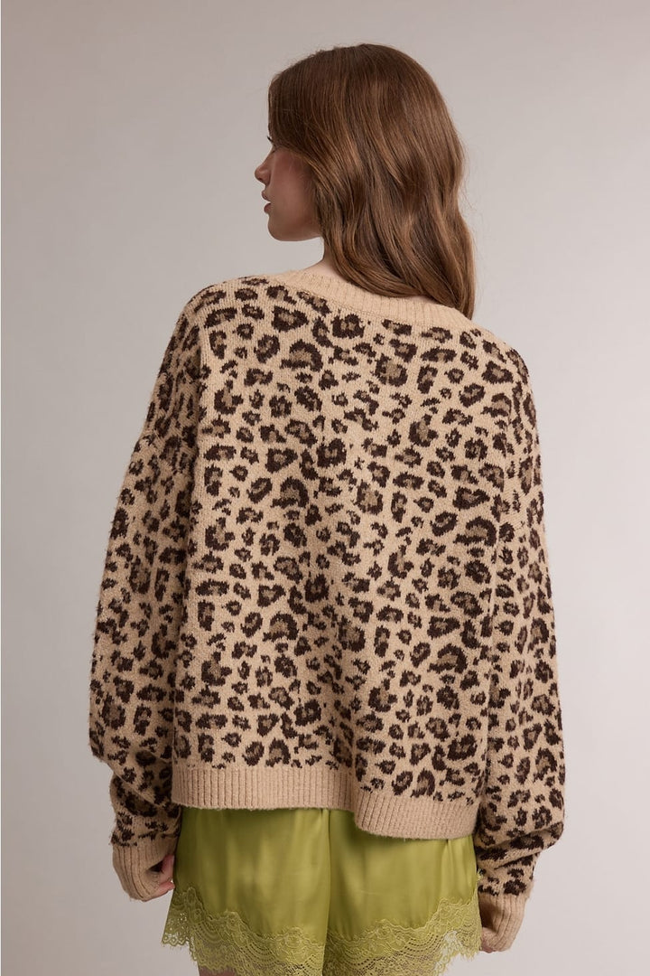 Camel and brown leopard cardigan sweater with ribbed crew neck, cuffs and hem